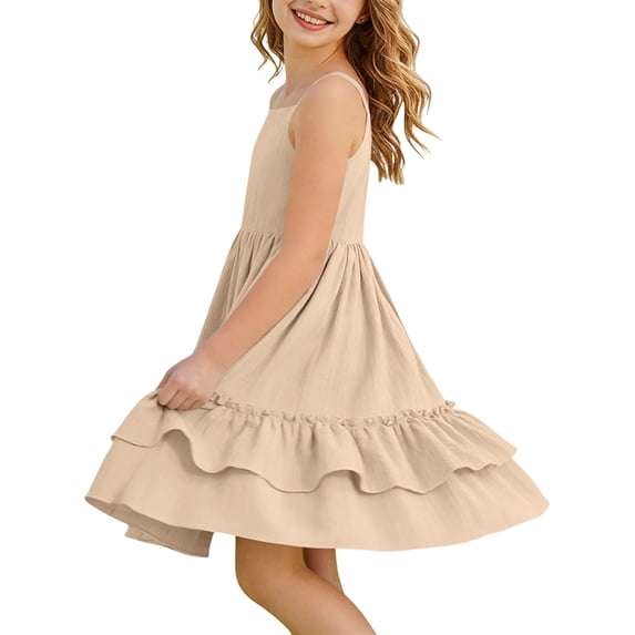 Mifsaly Girls Summer Dress Spaghetti Strap Square Neck Tiered Ruffle Sundress Breathable Flowy Casual Holiday A Line Party Dresses