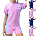 thumbnail image 1 of Mifsaly Girls Swim Suit Size 3-16 Sun Protection Quick-Dry Teen Swimsuits Set Short Sleeve Swim Top and Shorts Color Block Summer Beach Kids Swimwear, 1 of 5