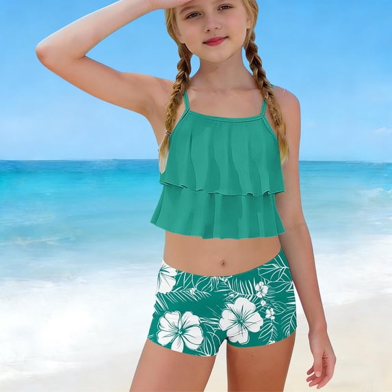 Mifsaly Girls Swimsuit Tankini 2 Piece Kids Ruffle Bathing Suit Set Printed Palm Leaf Shorts Teen Summer Beach Pool Swimwear Size 6-15