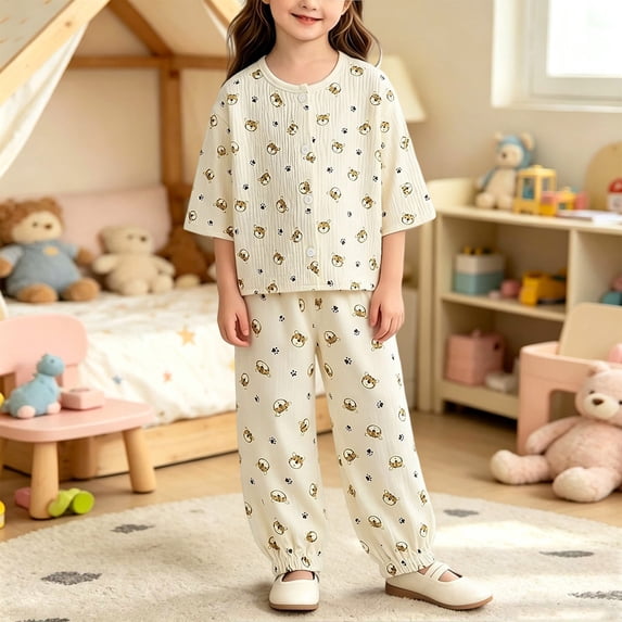 Mifsaly Girls Toddler Cotton Pajama Set Cute Animal Print Half Sleeve Shirt and Jogger Pants Soft Comfortable Casual Indoor Playwear