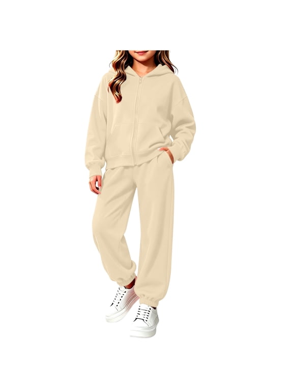Girls Track Suits 2 Piece Set Fleece Lined Full Zip Hoodies and Baggy Jogger Pants Kids Relaxed Fit Warm Fall Winter Matching Lounge Outfits