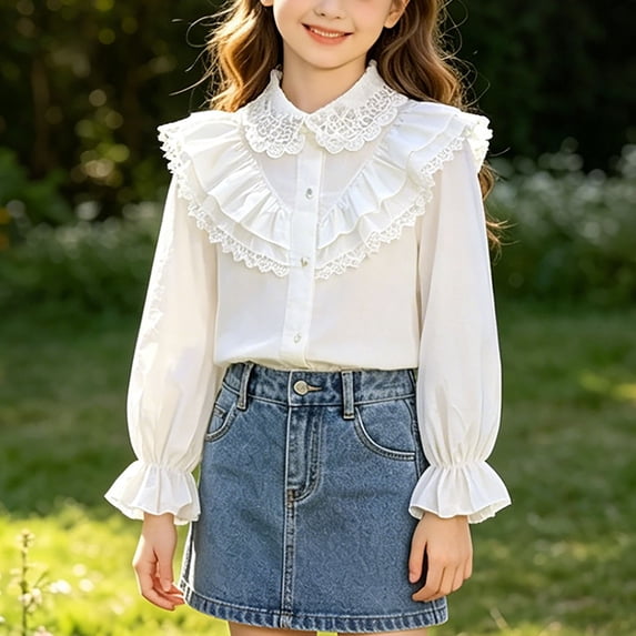 Mifsaly Girls Uniform Shirts Kids Back To School Ruffled Lace Blouses Frilled Neck Bow Tie Button Down Dress Shirt