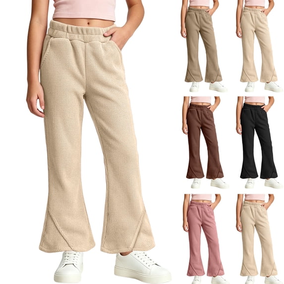 Mifsaly Girls Waffle Knit Wide Leg Pants High Waisted Flare Sweatpants with Pockets Solid Color Outdoor Play Lounge Clothes