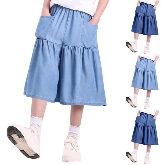 Mifsaly Girls Wide Leg Denim Culottes Sun Protection Flowy Kids Capri Pants Soft Lightweight Tiered Chambray Casual Summer Cropped Jean Pant with Pockets