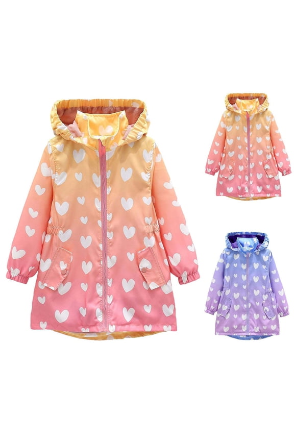 Girls Windbreaker Jacket Cute Heart Print Fleece Lined Hooded Long Trench Coats Gradient Stand Collar Full Zip Fall Winter Warm Outerwear