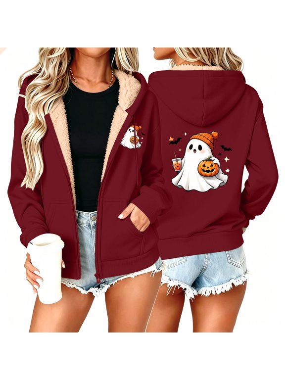 Halloween Ghost Drinking Boba Graphic Hoodies for Women Zip Up Sherpa Lined Sweatshirt Warm Fleece Jacket Fall Winter Cute Holiday Coat with Pockets Wine,XXL