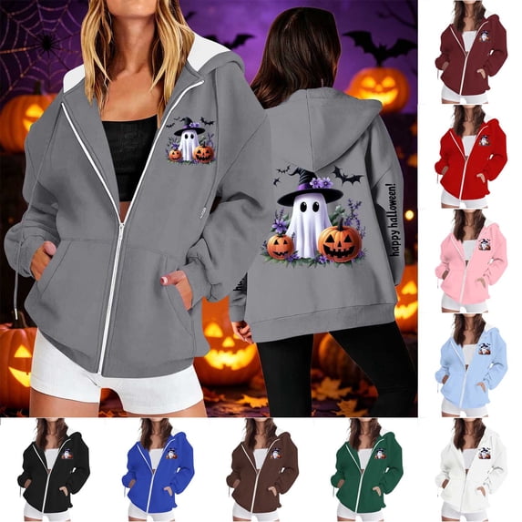 Mifsaly Halloween Hoodie for Women Cute Ghost Pumpkin Graphic Zip Up Hoodies Long Sleeve Casual Fall Hooded Sweatshirt Jacket with Pockets for Autumn Everyday Costume Gray,L