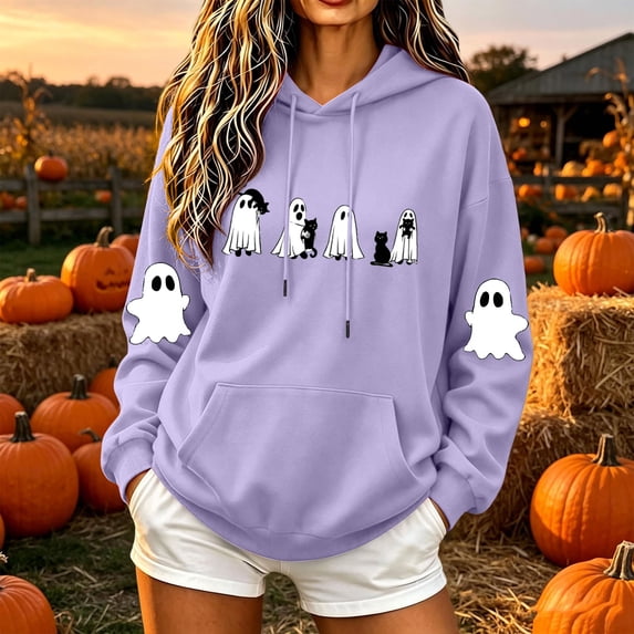 Mifsaly Halloween Hoodie Women Cute Graphic Drop Shoulder Hooded Sweatshirt Relaxed Fit Long Sleeve Fall Winter Loungewear Purple,XXL