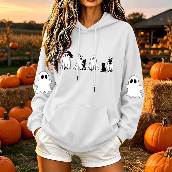 Mifsaly Halloween Hoodie Women Cute Graphic Drop Shoulder Hooded Sweatshirt Relaxed Fit Long Sleeve Fall Winter Loungewear White,XXL