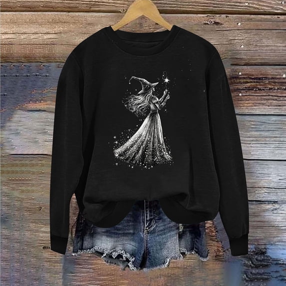 Mifsaly Halloween Sweatshirt Vintage Witch Graphic Long Sleeve Pullover Tops Crewneck Casual Fall Holiday Party Slouchy Sweatshirts Black,XXL