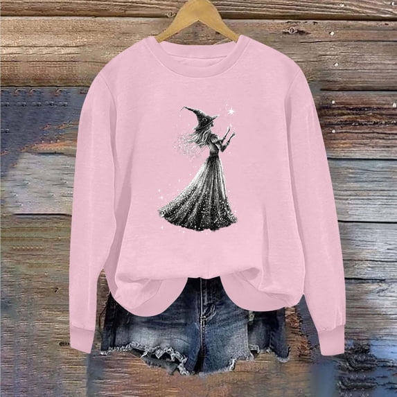 Mifsaly Halloween Sweatshirt Vintage Witch Graphic Long Sleeve Pullover Tops Crewneck Casual Fall Holiday Party Slouchy Sweatshirts Pink,M