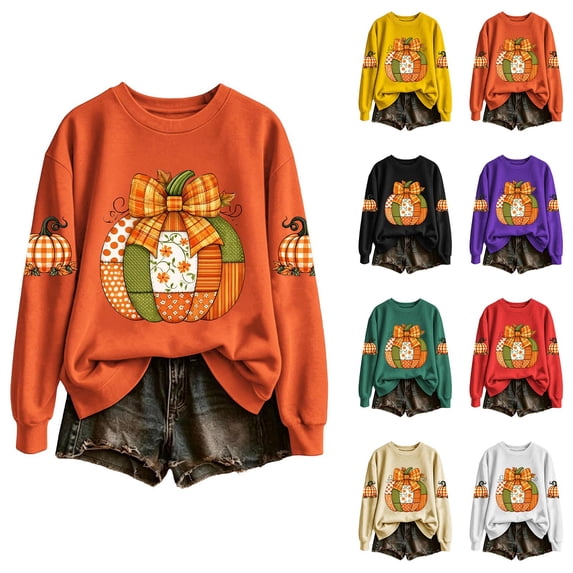 Mifsaly Halloween Sweatshirts for Women Fall Vintage Graphic Crewneck Sweatshirt Casual Oversized Long Sleeve Pullover Top for Autumn Everyday Orange,L