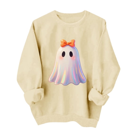 Mifsaly Halloween Sweatshirts for Women Casual Crewneck Long Sleeve Sweatshirt Novelty Spooky Ghost Graphic Pullover Tops Beige,M