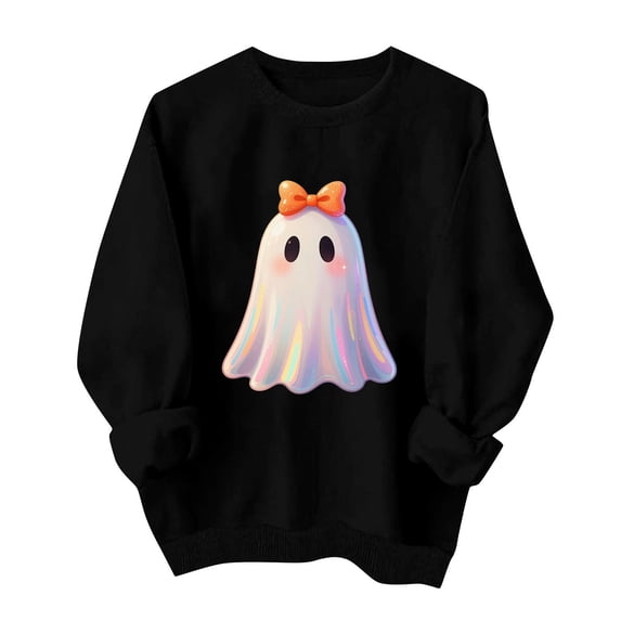 Mifsaly Halloween Sweatshirts for Women Casual Crewneck Long Sleeve Sweatshirt Novelty Spooky Ghost Graphic Pullover Tops Black,XXL