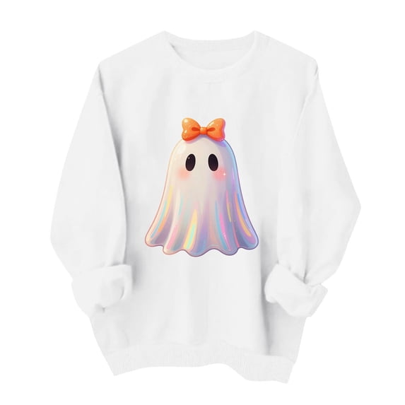 Mifsaly Halloween Sweatshirts for Women Casual Crewneck Long Sleeve Sweatshirt Novelty Spooky Ghost Graphic Pullover Tops White,M