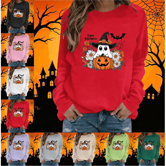 Mifsaly Halloween Sweatshirts for Women Pumpkin Graphic Cute Ghost Pullover Tops Crewneck Long Sleeve Festival Loose Fit Slouchy Shirts