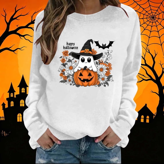 Mifsaly Halloween Sweatshirts for Women Pumpkin Graphic Cute Ghost Pullover Tops Crewneck Long Sleeve Festival Loose Fit Slouchy Shirts