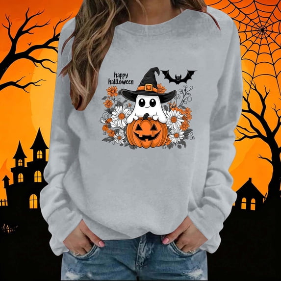 Mifsaly Halloween Sweatshirts for Women Pumpkin Graphic Cute Ghost Pullover Tops Crewneck Long Sleeve Festival Loose Fit Slouchy Shirts