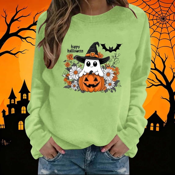 Mifsaly Halloween Sweatshirts for Women Pumpkin Graphic Cute Ghost Pullover Tops Crewneck Long Sleeve Festival Loose Fit Slouchy Shirts