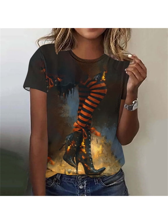 Halloween Tops for Women Short Sleeve Spooky Witch Print Cotton T-Shirts Casual Crewneck Summer Fall Tees Holiday Party Clothing for Ladies Multicolor,XXL