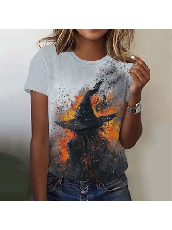 Halloween Tops for Women Short Sleeve Spooky Witch Print Cotton T-Shirts Casual Crewneck Summer Fall Tees Holiday Party Clothing for Ladies Multicolor,XL