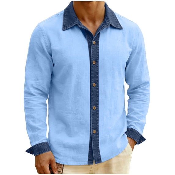 Mifsaly Henley Shirts for Men Long Sleeve Collared Shirt Patchwork Button Closure Linen Tops Loose Fit Summer Work Blouses M