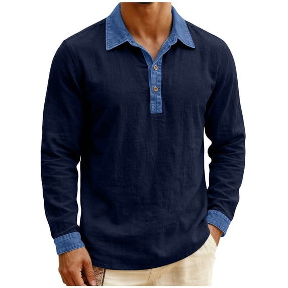 Mifsaly Henley Shirts for Men Long Sleeve Collared Shirt Patchwork Button Closure Linen Tops Loose Fit Summer Work Blouses S