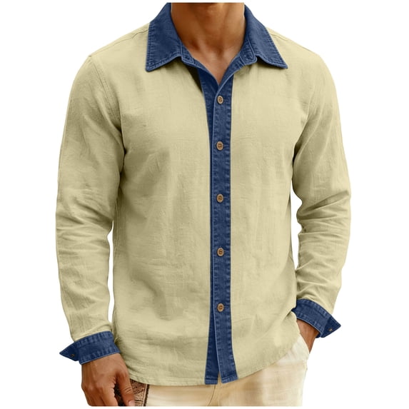Mifsaly Henley Shirts for Men Long Sleeve Collared Shirt Patchwork Button Closure Linen Tops Loose Fit Summer Work Blouses XL