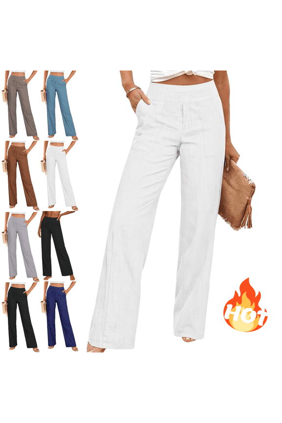High Waisted Linen Pants Women Straight Leg Casual Summer Trousers with Pockets Soft Comfortable Lightweight Business Work Clothes
