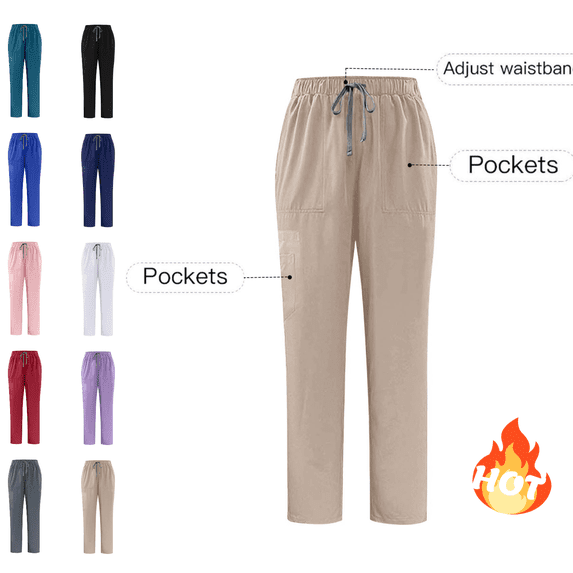 Mifsaly High Waisted Scrub Pants for Women Drawstring Straight Leg Work Pant Comfortable Breathable Doctors Everyday Wear Summer Nursing Uniforms Khaki,M