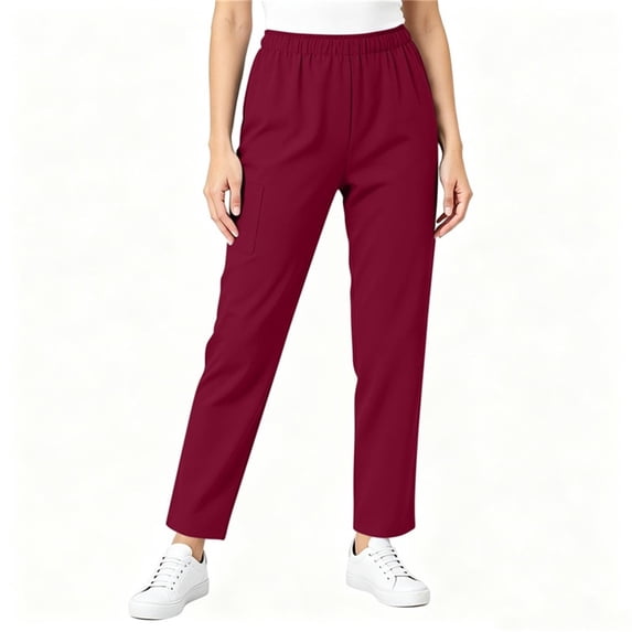 Mifsaly High Waisted Scrub Pants for Women Elastic Waist Work Trousers Comfortable Flattering Stretchy Doctors Nurse Workwear with Multi Pockets Wine,M