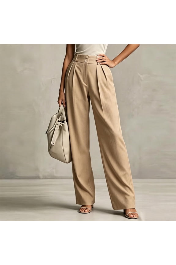 High Waisted Work Pants for Women Wide Leg office Trousers Elegant Pleated Front Button Closure Flattering Slacks with Pockets Khaki,XXL