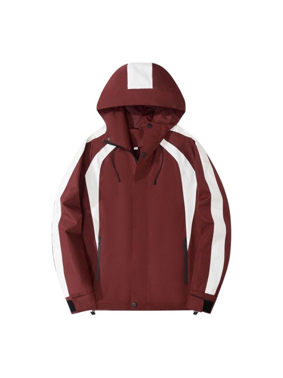 Hiking Jacket Men Windproof Full Zip Hooded Windbreaker Jackets Color Block Breathable Outdoor Camping Fishing Hardshell Coats Wine,S