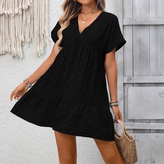 Mifsaly Holiday Plaid Dresses for Women Deep V Neck Short Sleeve Mini Dress Flowy 2026 Spring Summer Going Out Vacation Travel Outfits M