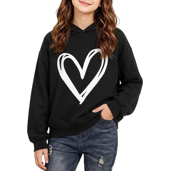 Mifsaly Hoodies for Girls Cute Heart Graphic Long Sleeve Hooded Sweatshirt Kids Relaxed Fit Warm Casual Activewear Top for Fall Winter Daily Lounge Black,9-10Years