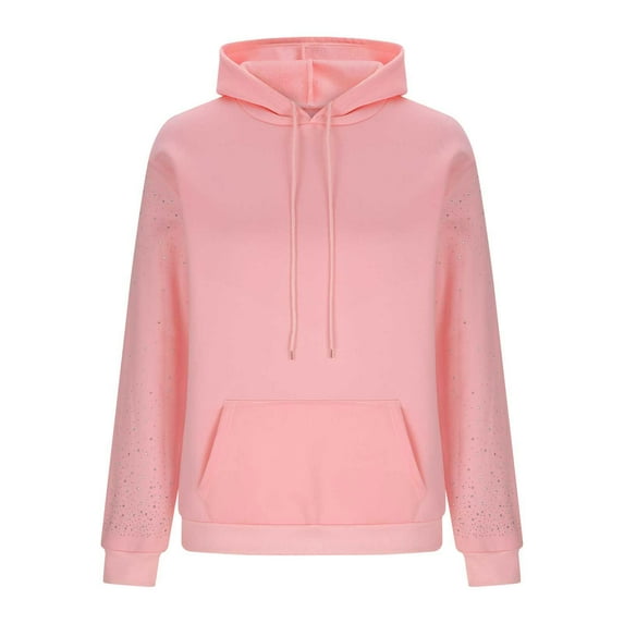 Mifsaly Hoodies for Women Trendy Rhinestone Long Sleeve Drawstring Hooded Sweatshirt Soild Color Drop Shoulder Loose Pullover Tops with Pocket
