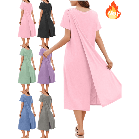 Mifsaly Hospital Gowns for Women Short Sleeve Tear Away Snap Open Back Dress Surgery Adaptive Nightgowns S