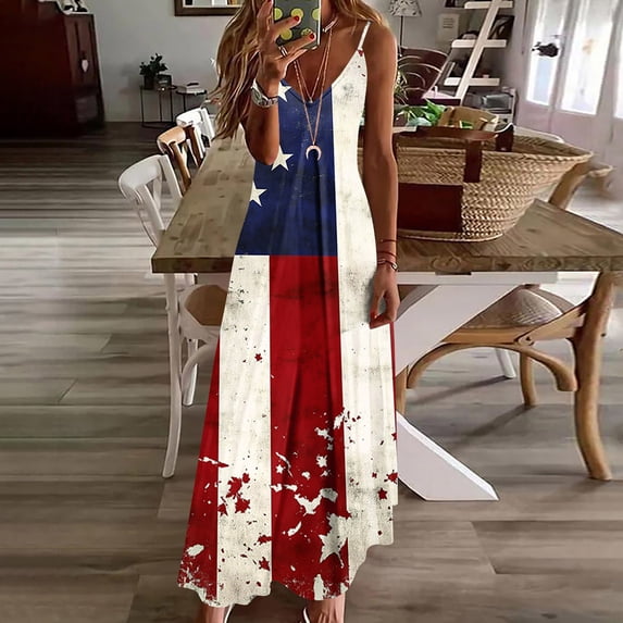 Mifsaly Independence Day Dress For Women Plus Size Spaghetti Strap V Neck Sleeveless 4Th Of July Dresses Flowy Lightweight Vacation Sundress XXL