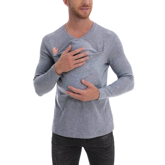 Mifsaly Kangaroo Shirt for Dad and Baby V-Neck Long Sleeve Cotton T-Shirts Dad Mom Kangaroo Carrier Shirts with Pouch Convenient Comfortable Pregnant Babies Wearing Blouse