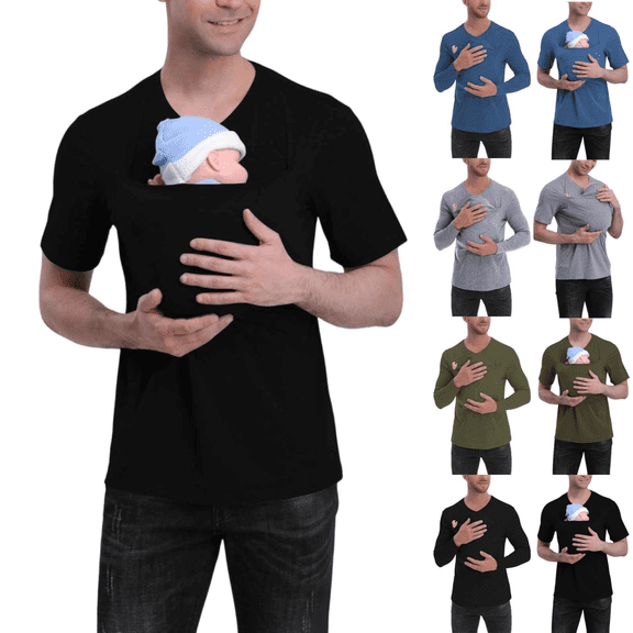 Mifsaly Kangaroo Shirt for Dad and Baby V Neck Short Sleeve Kangaroo T Shirt Solid Color Mens Kangaroo Shirt with Hat Black M