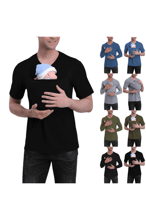 Kangaroo Shirt for Dad and Baby V Neck Short Sleeve Kangaroo T Shirt Solid Color Mens Kangaroo Shirt with Hat Black M