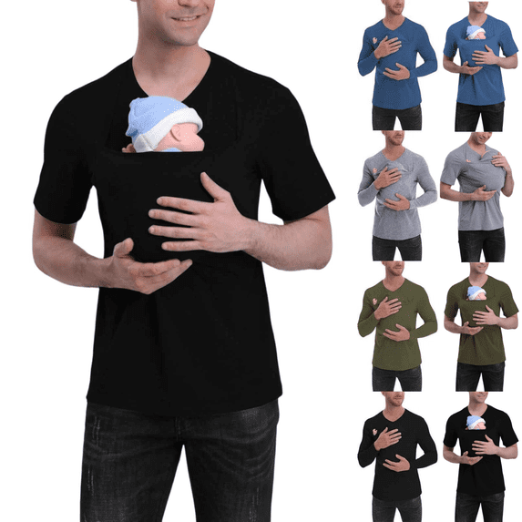 Mifsaly Kangaroo Shirt for Dad and Baby V Neck Short Sleeve Kangaroo T Shirt Solid Color Mens Kangaroo Shirt with Hat Black XL