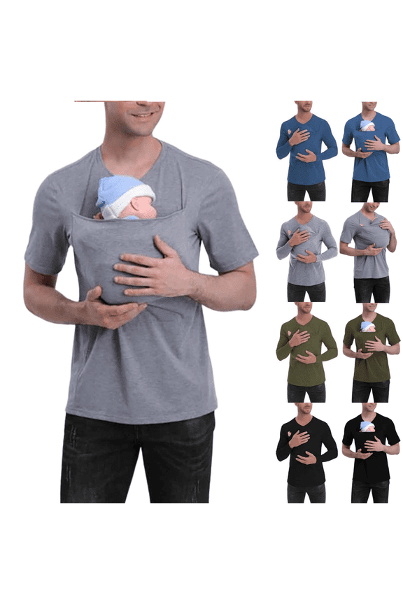 Kangaroo Shirt for Dad and Baby V Neck Short Sleeve Kangaroo T Shirt Solid Color Mens Kangaroo Shirt with Hat Gray XXL