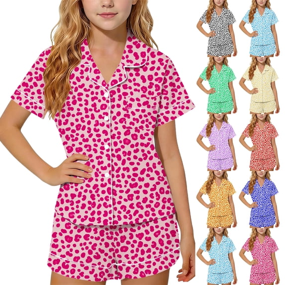 Mifsaly Kids Girls Button Down Pajama Set Leopard Print Short Sleeve Tops & Shorts Soft Breathable Kids Cozy Summer Sleepwear