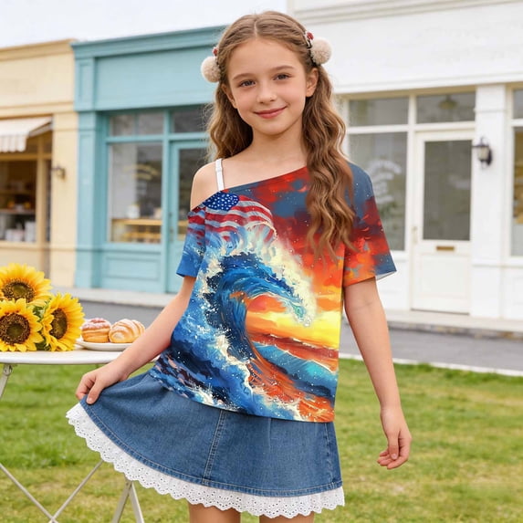 Mifsaly Kids Girls Off The Shoulder T-Shirts Kids Patriotic Graphic Short Sleeve Tops 4Th Of July independence Day Summer Top