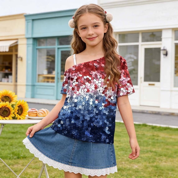 Mifsaly Kids Girls Off The Shoulder T-Shirts Kids Patriotic Graphic Short Sleeve Tops 4Th Of July independence Day Summer Top