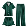 thumbnail image 1 of Mifsaly Kids Girls Pajama Set 3 Piece Soild Color Silk Satin Pjs Matching Outfits Button Down Sleep Shirts with Ruffle Trim Shorts and Fit Lounge Pants, 1 of 8