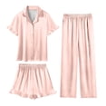 thumbnail image 1 of Mifsaly Kids Girls Pajama Set 3 Piece Soild Color Silk Satin Pjs Matching Outfits Button Down Sleep Shirts with Ruffle Trim Shorts and Fit Lounge Pants, 1 of 9