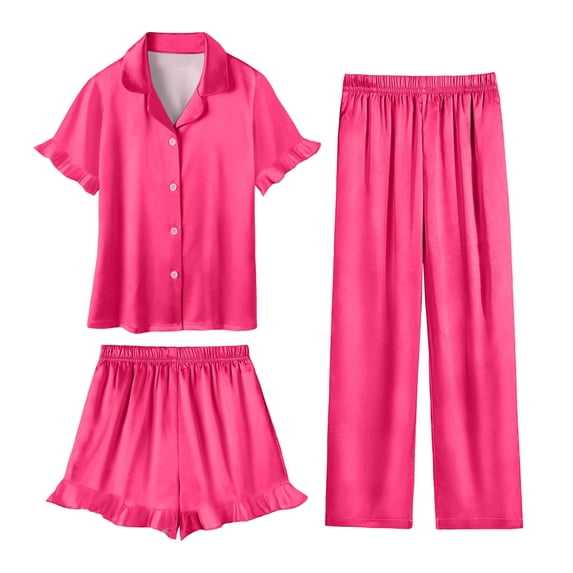 Mifsaly Kids Girls Pajama Set 3 Piece Soild Color Silk Satin Pjs Matching Outfits Button Down Sleep Shirts with Ruffle Trim Shorts and Fit Lounge Pants