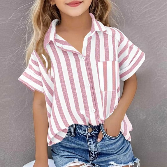 Mifsaly Kids Girls Striped Button Down Shirts Linen Cotton Summer Short Sleeve Blouses Lightweight Flowy Vacation Casual Outfits